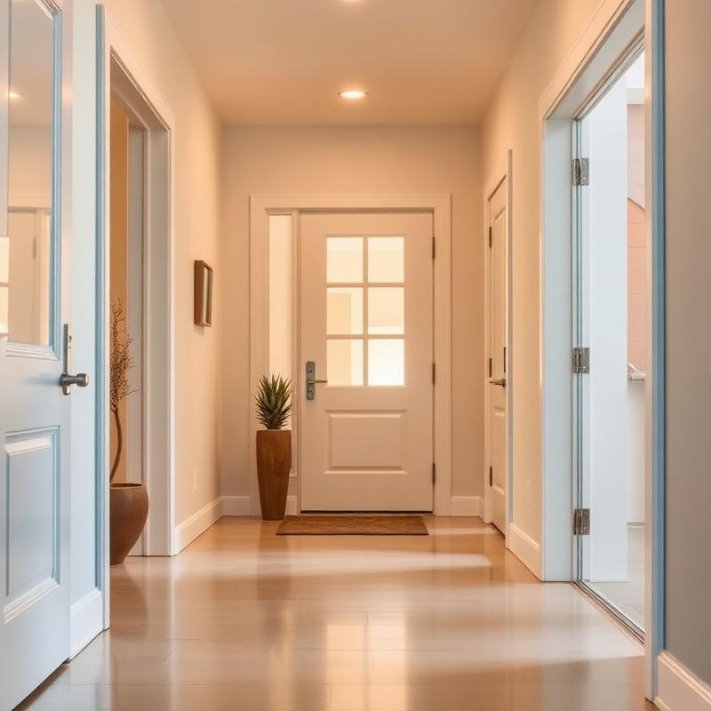 Bright single-level home hallway with wide doorways, level thresholds, and lever handles