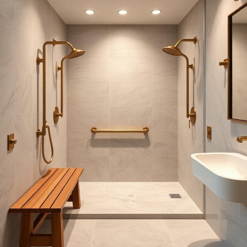 Modern accessible bathroom with a curbless roll-in shower, teak bench, and brass grab bars