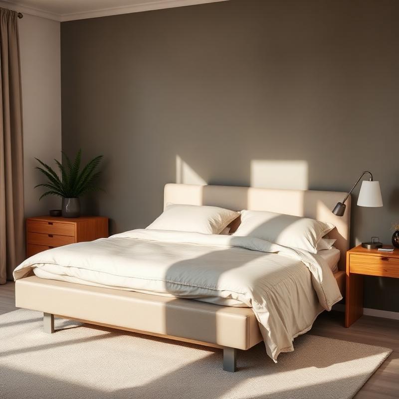 Modern bedroom with a low-profile adjustable bed, linen bedding, and warm morning light