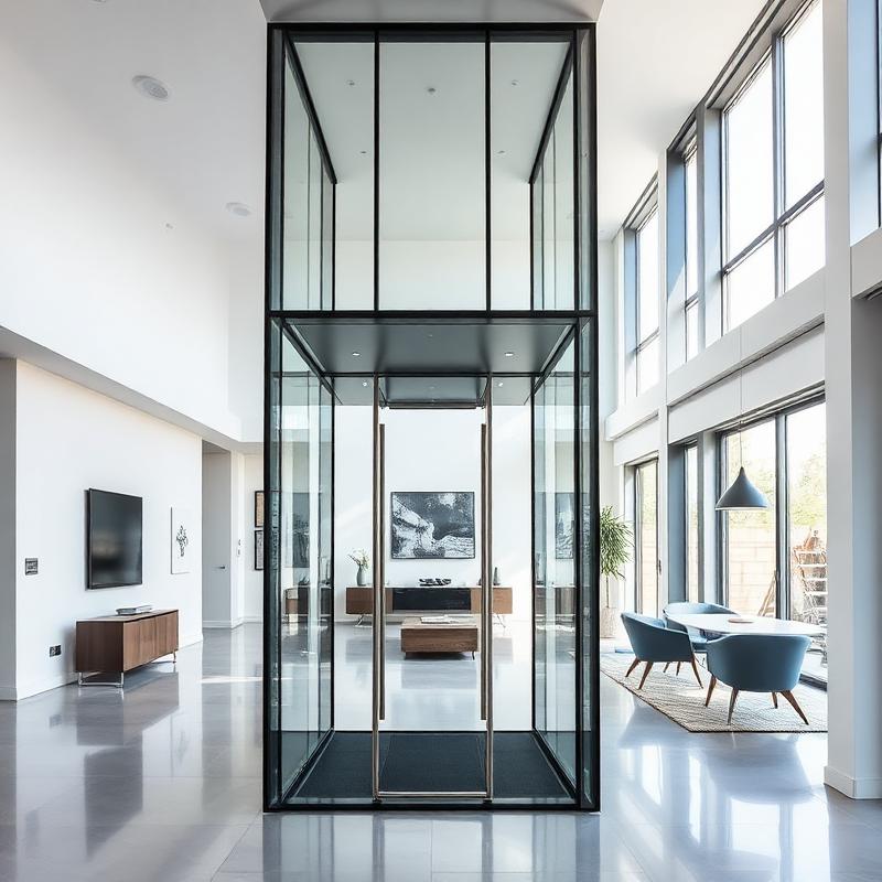 Minimalist glass residential elevator in a bright open-plan living space