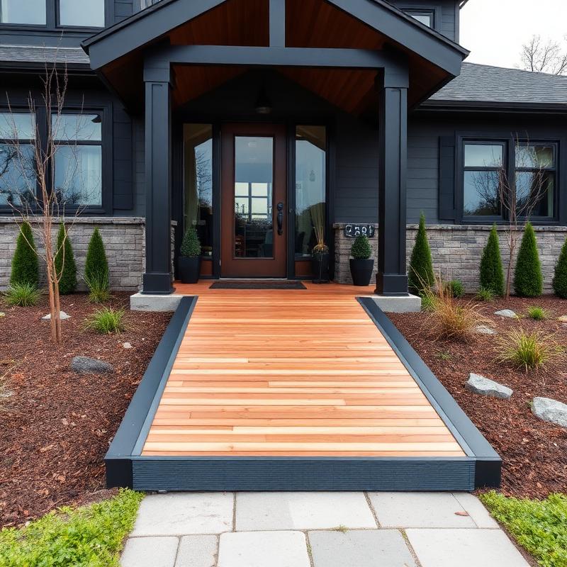 Cedar and dark steel entry ramp integrated into the landscaped front entrance of a modern home