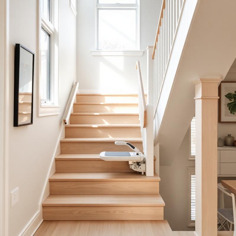 Slim-rail stair lift installed on a white oak staircase in a bright modern home