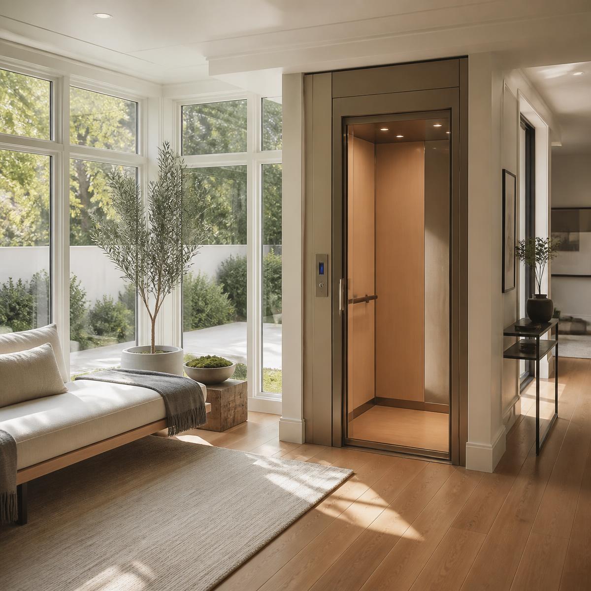 Compact glass home elevator integrated beside a staircase in a bright modern home